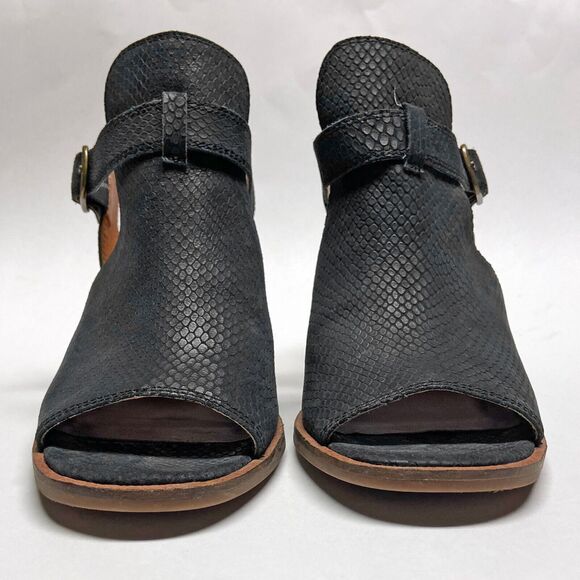 Lucky Brand Black Leather Labradite Wedge Heel Shoes Size 8.5 Open Toe Slingback - Picture 2 of 8